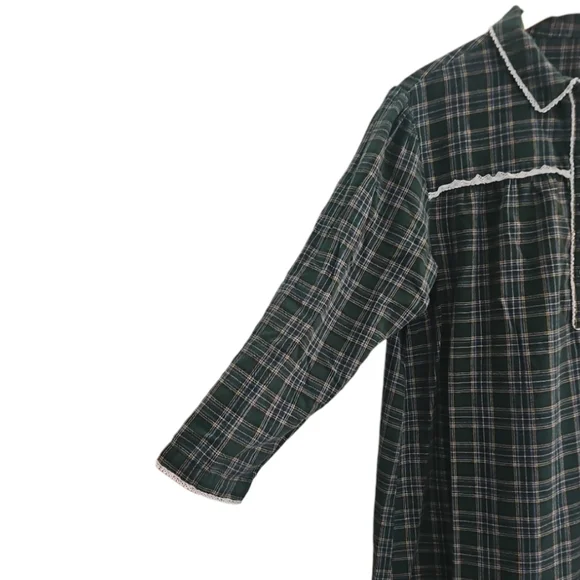 L.L. Bean Style Plaid Cotton Nightgown Green Flannel Cottagecore Sz L Cabin-core - Picture 3 of 12